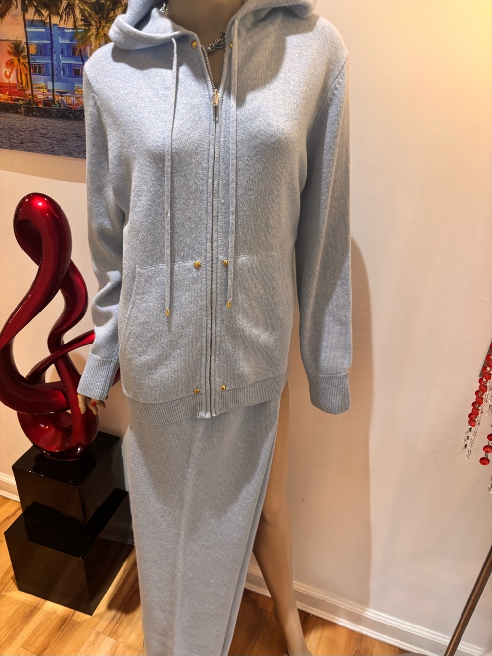 St. John baby Blue Hooded Zip lounge set suit track suit Cardigan wool Large